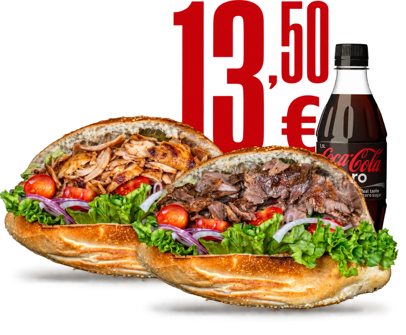 Ein Hähnchen-Döner, ein Steak-Döner und Coca-Cola Zero für 13,50 Euro